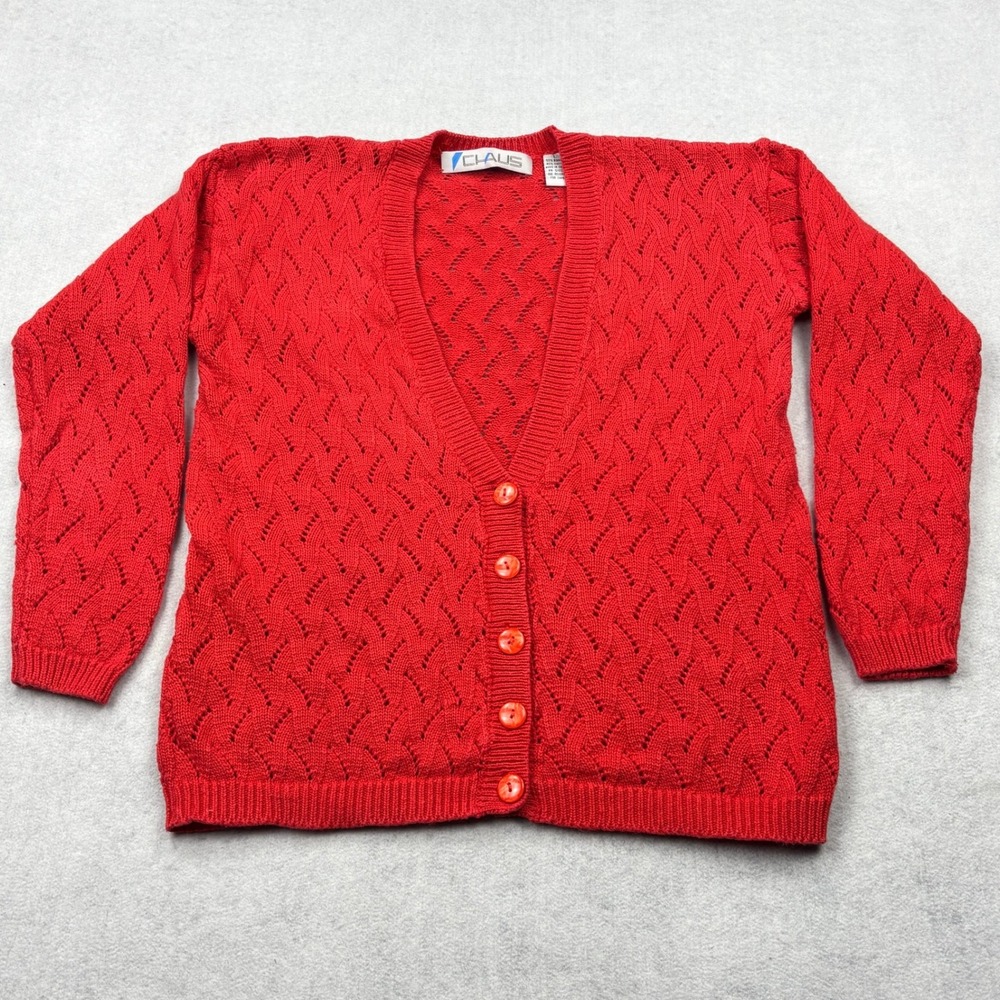 Vintage Chaus Womens Large Red Pointelle Knit Cardigan Sweater Ramie Cotton 90s